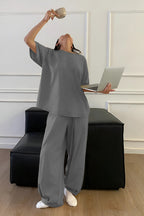 Kadın Bisiklet Yaka Yazlık Kısa Kollu Pijama Takımı - Gri - 4