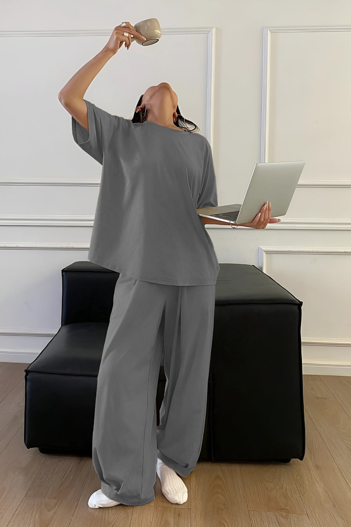 Kadın Bisiklet Yaka Yazlık Kısa Kollu Pijama Takımı - Gri - 4