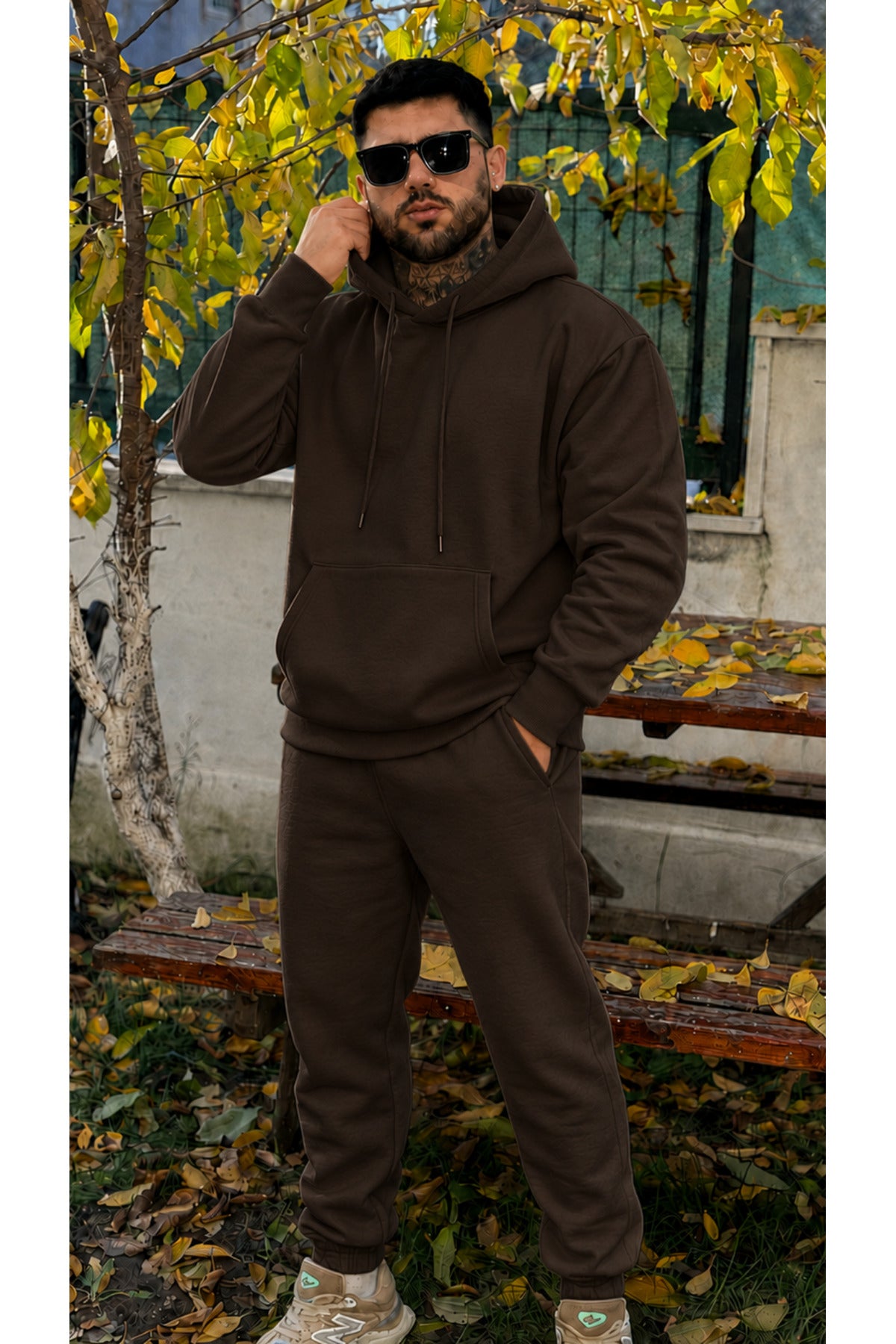Erkek Kapşonlu 3 İ̇plik Şardonlu Salaş Bol Hoodie Eşofman Takımı - Kahverengi - 1