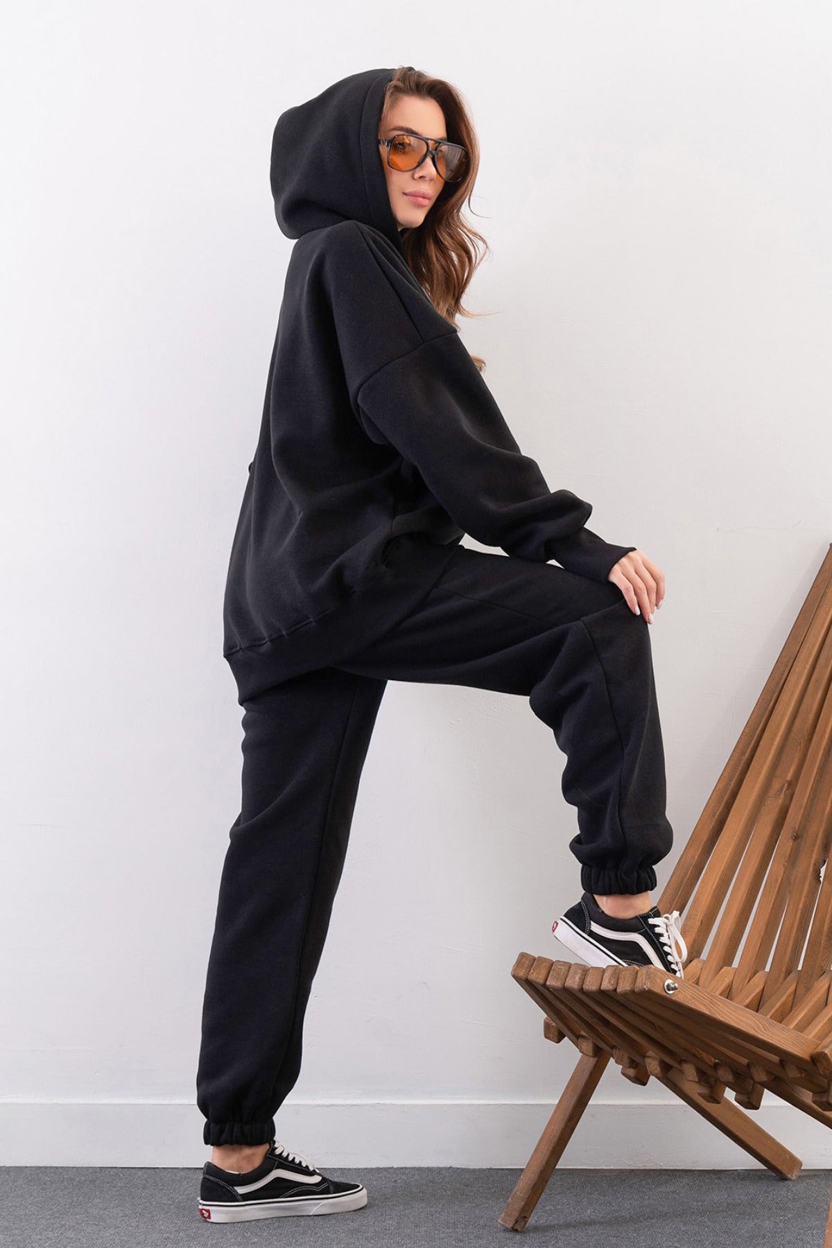 Kadın Yüksek Bel 3 İ̇plik Kalın Şardonlu Oversize Fit Jogger Eşofman Takımı - Siyah - 2