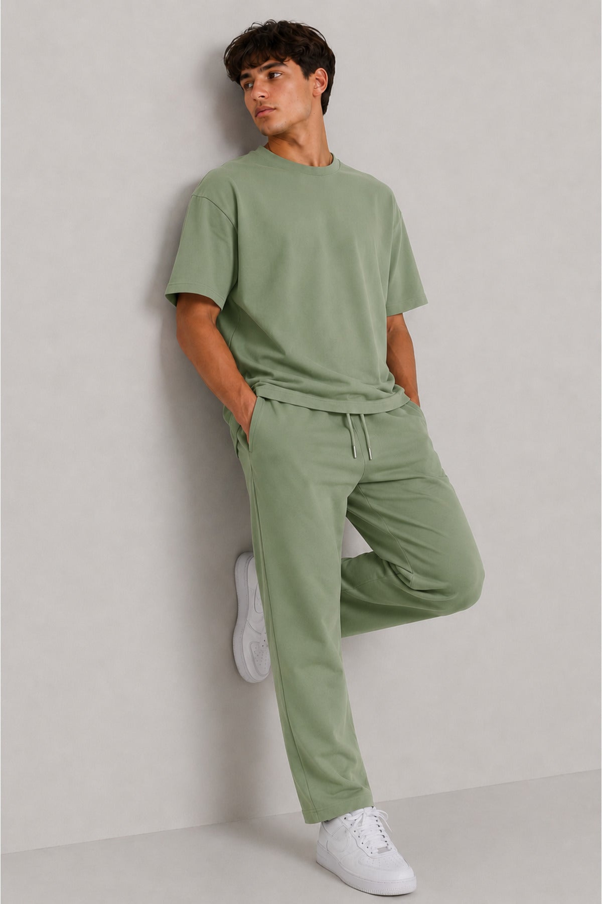 Erkek 2 İ̇plik Oversize Basic Bisiklet Yaka Rahat Kalıp Günlük Eşofman Takımı - Yeşil - 4