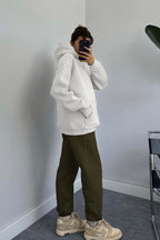 Kadın Kapşonlu Sweatshirt Jogger Eşofman Takımı - Beyaz Haki - 2