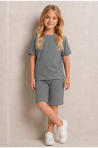 Çocuk Kısa Kollu Baskısız Basic Oversıze Geniş Kalıp Beli Bağlamalı Esnek 1-10 Yaş Arası Yaz Sezonu Sportif T-shirt / Şort Takım - Füme - 5