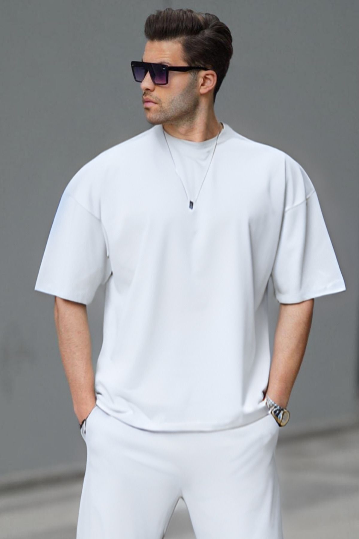 Erkek Oversize Penye Nefes Alan T-shirt - Beyaz - 1