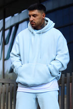 Erkek Oversize 3 İ̇plik Pamuklu Şardonlu Kanguru Cep Kapşonlu Kalın Hoodie Sweatshirt - Bebe Mavi - 1