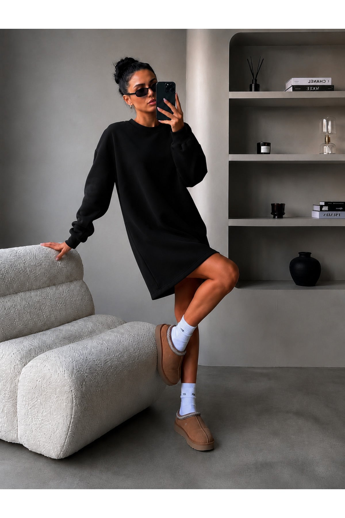 Kadin 3 İ̇pli̇k Yeni̇ Uzun Kollu Bi̇si̇klet Yaka Rahat Sweatshirt Elbi̇se - Siyah - 3