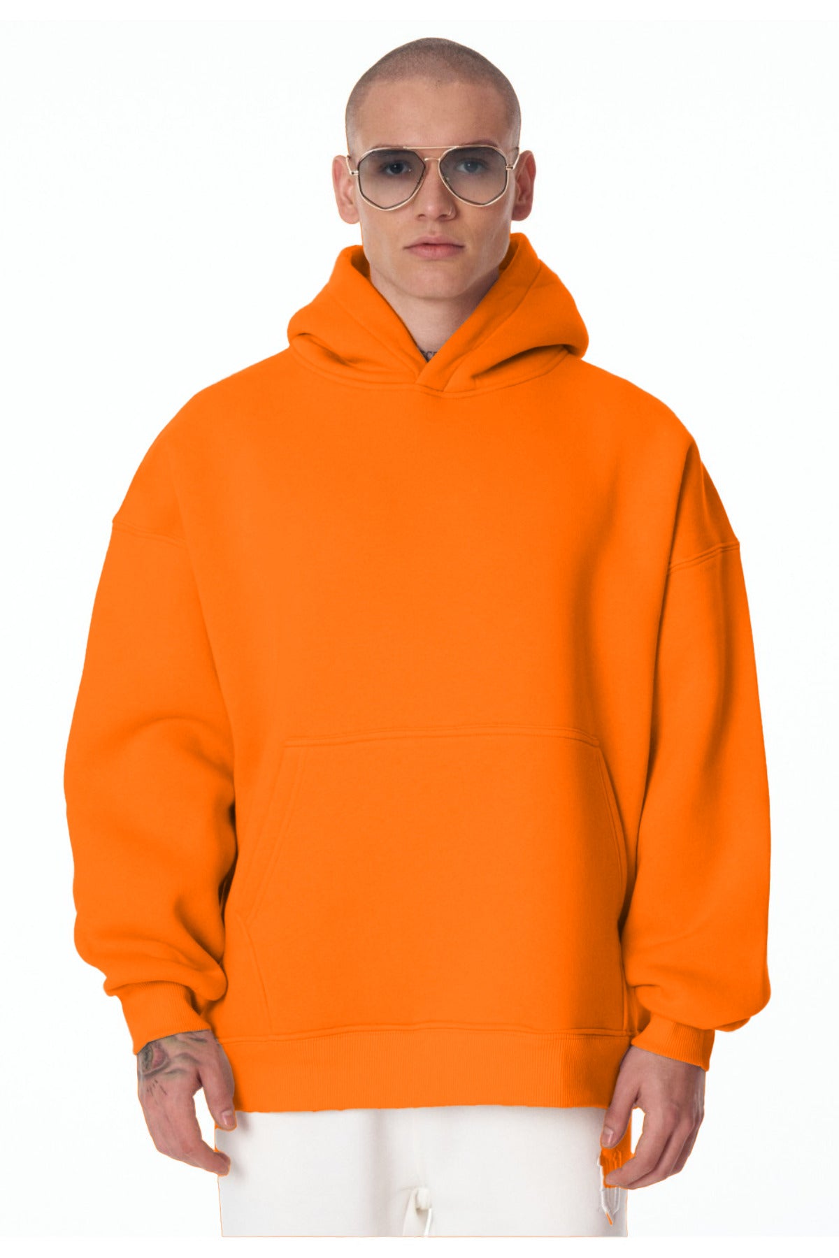 Erkek Bol Kesim Oversize 3 İ̇plik İ̇çi Pamuklu Şardonlu Kanguru Cep Kapşonlu Kışlık Hoodie Sweatshirt - Turuncu - 2