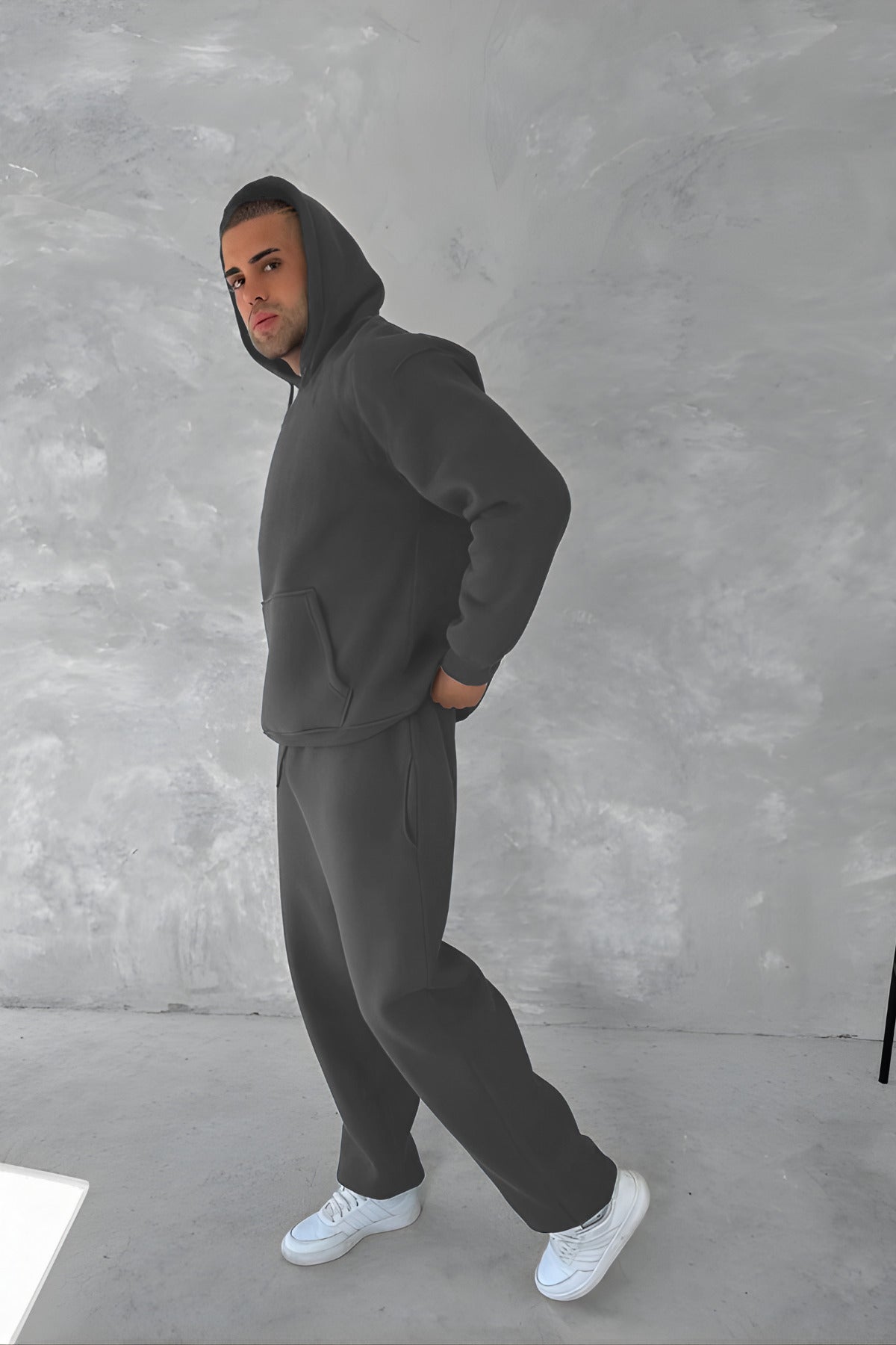 Erkek 3 İ̇pli̇k Oversi̇ze Kapüşonlu Sweatshi̇rt Eşofman Takimi - Gri - 1