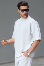 Erkek Oversize Penye Nefes Alan T-shirt - Beyaz - 2