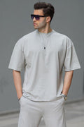 Erkek Oversize Penye Nefes Alan T-shirt - Gri - 1