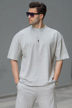 Erkek Oversize Penye Nefes Alan T-shirt - Gri - 1