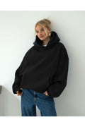 Oversize Kapşonlu Basic Baskısız Okul Sweatshirt - Siyah - 1