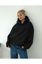 Oversize Kapşonlu Basic Baskısız Okul Sweatshirt - Siyah - 1
