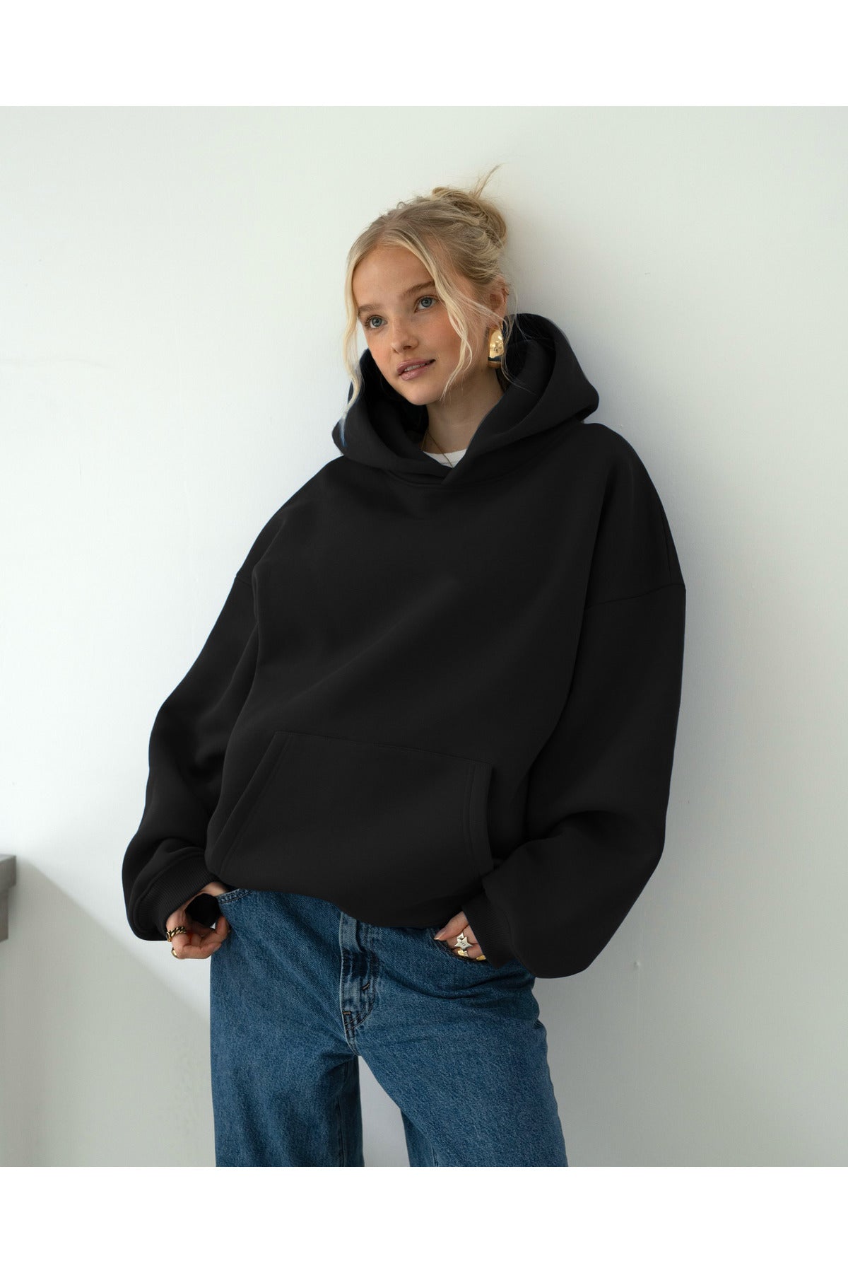 Oversize Kapşonlu Basic Baskısız Okul Sweatshirt - Siyah - 1
