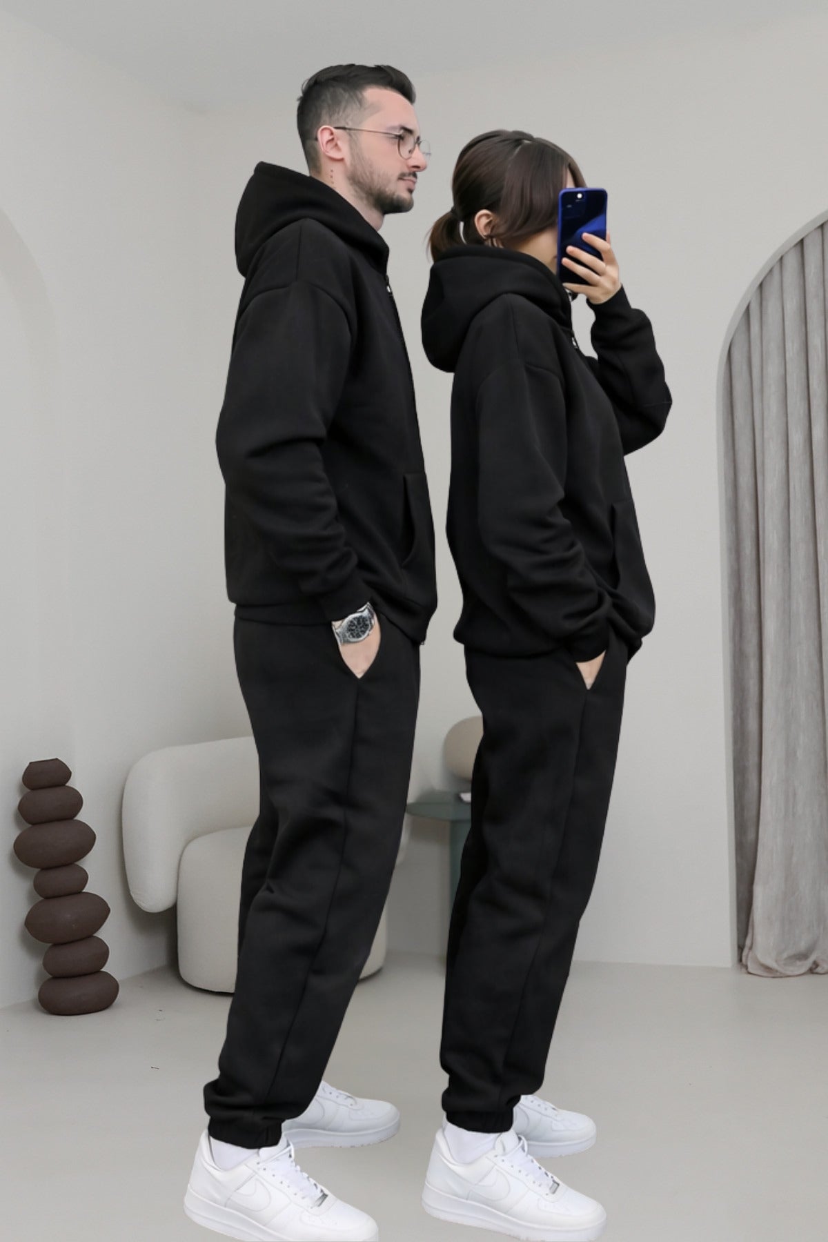 Çiftlere Özel Basic Oversize Kapşonlu Eşofman Takımı - Siyah - 2