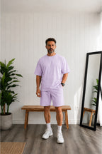 Erkek Oversize Basic Tişört Şort Takım Günlük Kısa Kollu Yazlık Eşofman Takımı - Lila - 1