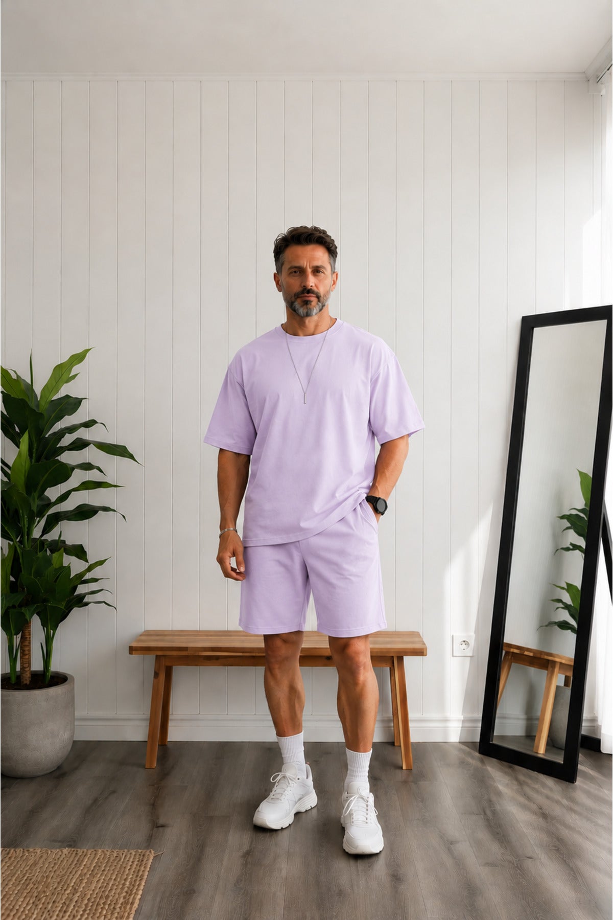 Erkek Oversize Basic Tişört Şort Takım Günlük Kısa Kollu Yazlık Eşofman Takımı - Lila - 1