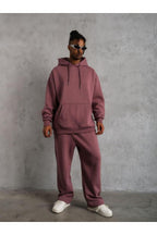Erkek Gül Kurusu 3 İ̇plik Kapşonlu Kanguru Cep Hoodie Eşofman Takımı - GÜL KURU - 2