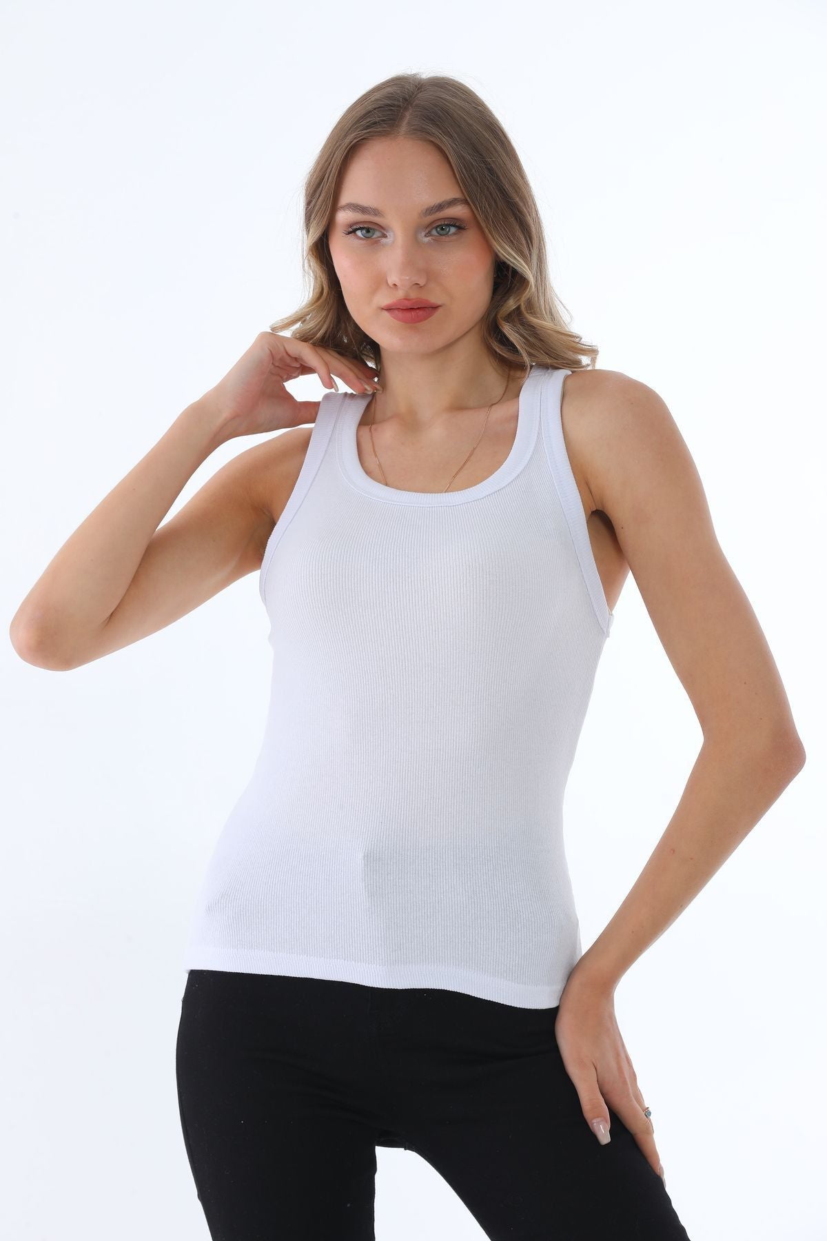 Kadın Beyaz Fitilli Basic Örme Askılı Trend Spor Atlet - Beyaz - 4