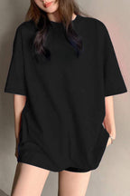 Kadın Oversize Penye Rahat Yazlık Kısa Kollu T-shirt - Siyah - 4