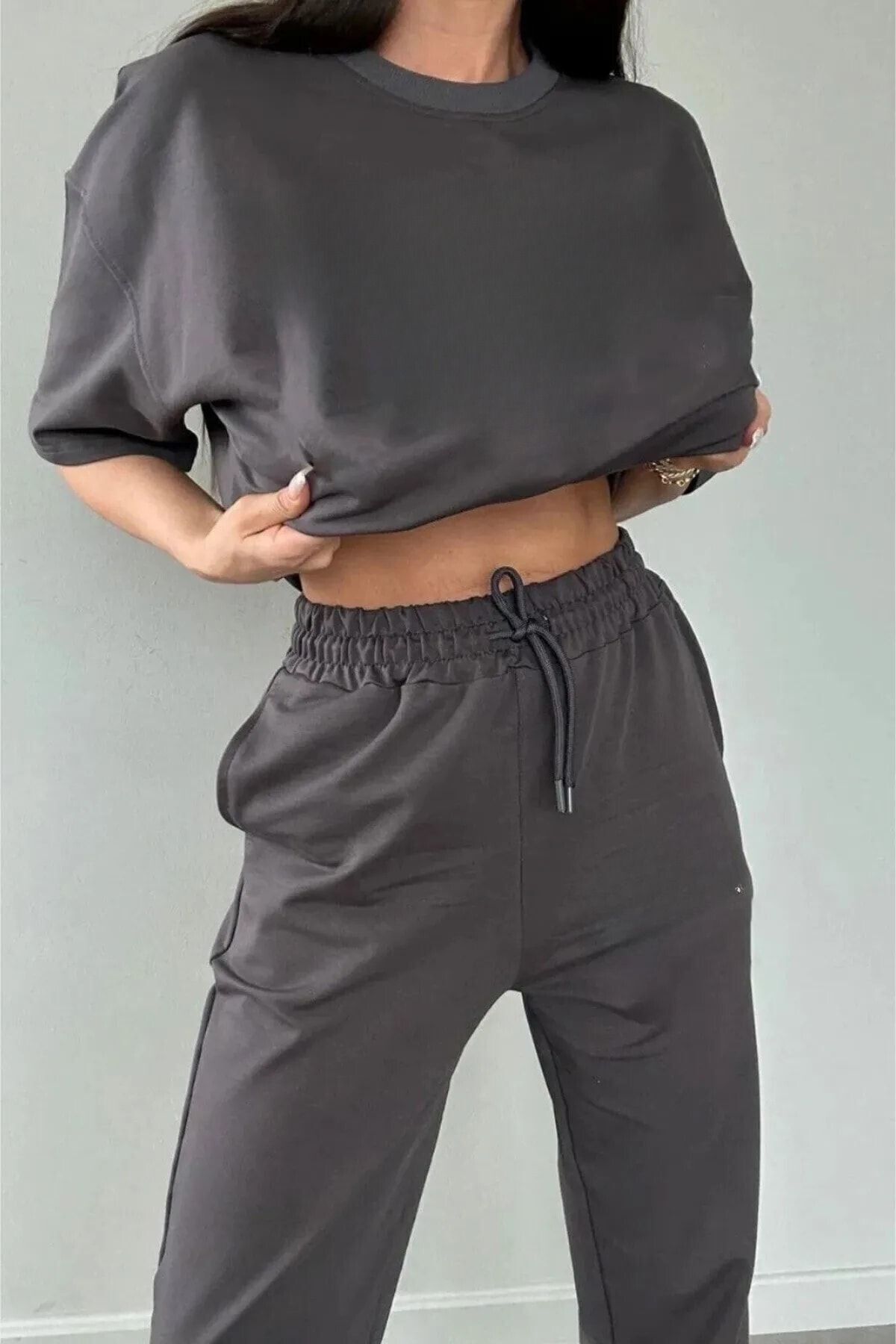 Kadın Füme Rahat Penye Pijama Takımı - Füme - 3