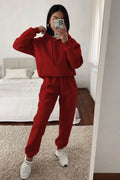 Kadın Oversize 3 İ̇plik İ̇çi Pamuklu Kalın Kapşonlu Kanguru Cep Paçası Lastikli Eşofman Takımı - Bordo - 1