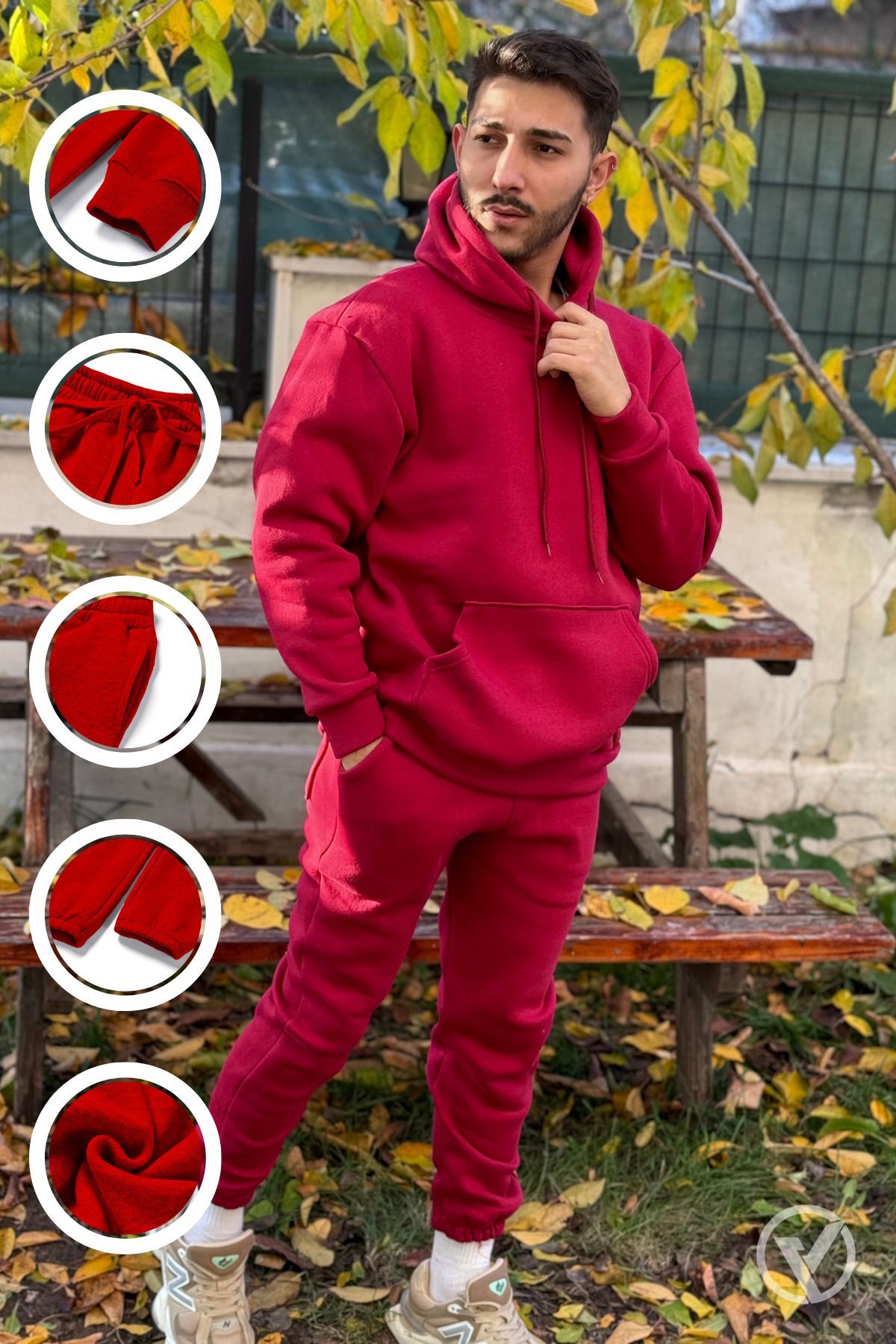 Ob Comfort Kapşonlu Kanguru Cep Oversize Lastik Paça Bordo Eşofman Takımı - Bordo - 1