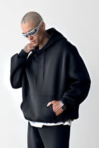 Erkek Bol Kesim Oversize 3 İplik İçi Pamuklu Şardonlu Kanguru Cep Kapşonlu Kışlık Hoodie Sweatshirt - Füme - 2