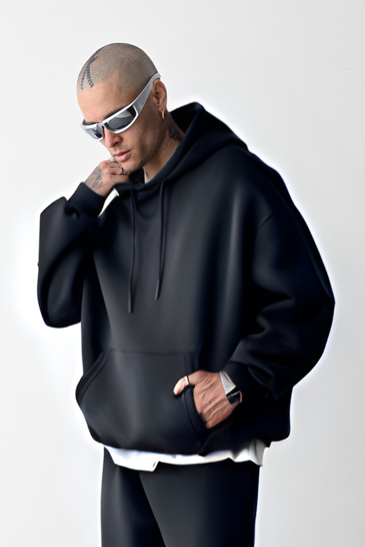 Erkek Bol Kesim Oversize 3 İplik İçi Pamuklu Şardonlu Kanguru Cep Kapşonlu Kışlık Hoodie Sweatshirt - Füme - 2