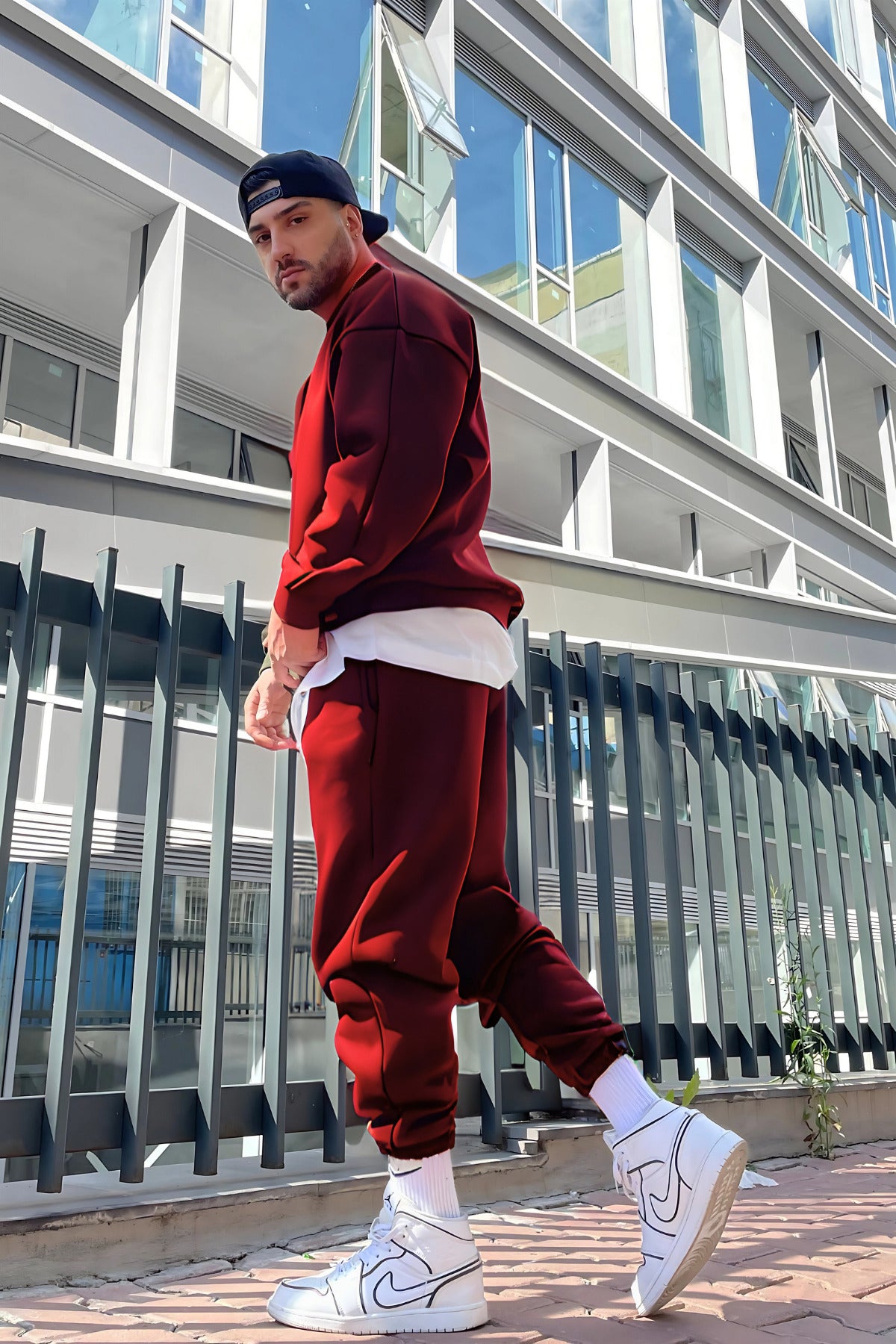 Oversize Pamuklu Kalın Bisikletyaka Eşofman Takımı - Bordo - 2