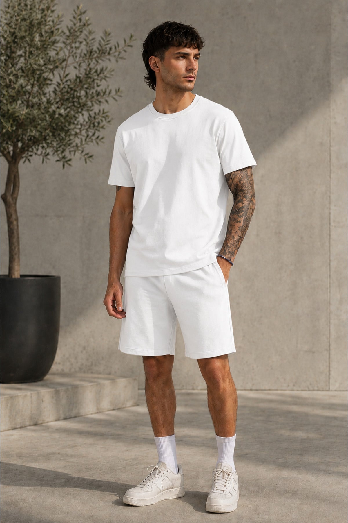 Erkek Oversize Basic Şortlu Bisiklet Yaka Yazlık İ̇kili Takım - Beyaz - 1