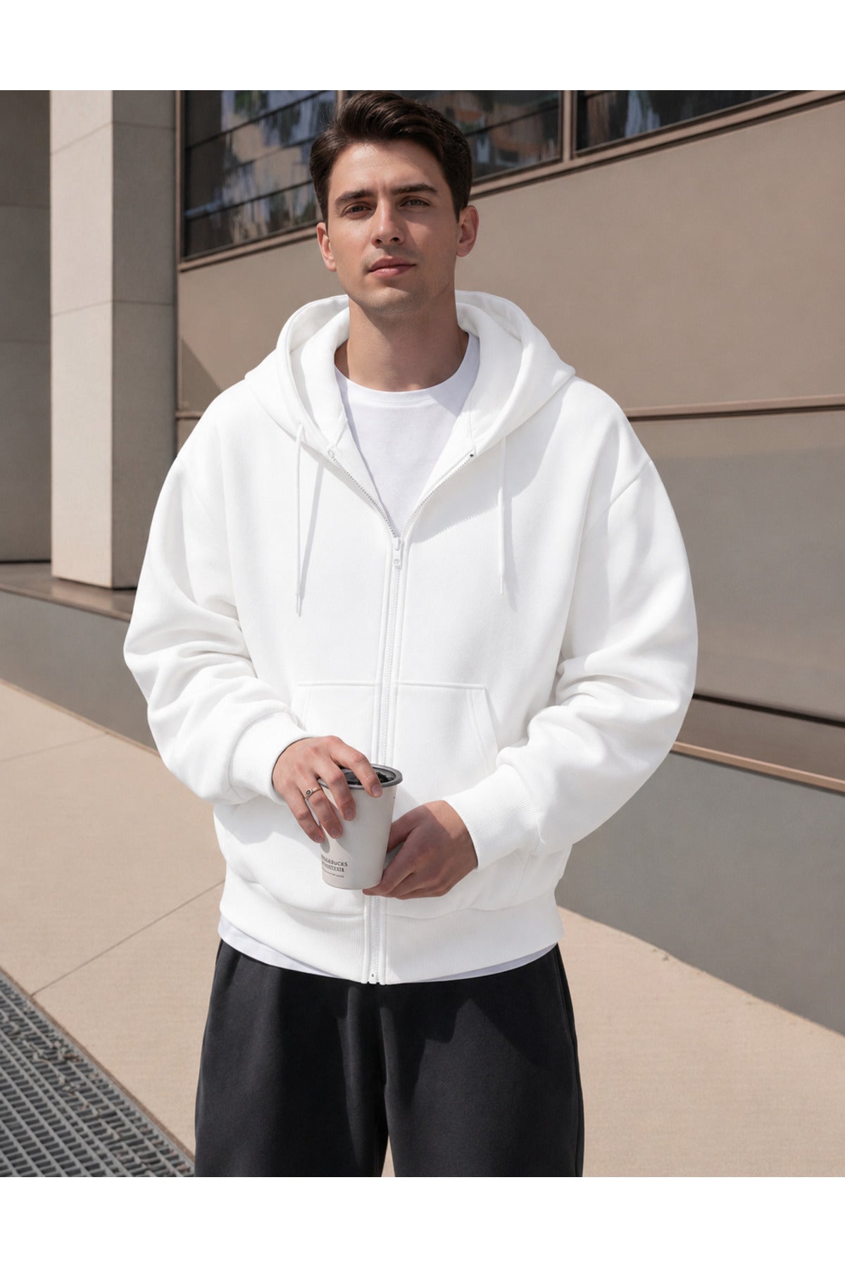 Erkek 3 İ̇pli̇k Fermuarli Kapüşonlu Oversi̇ze Rahat Sweatshirt Hirka - Beyaz - 1
