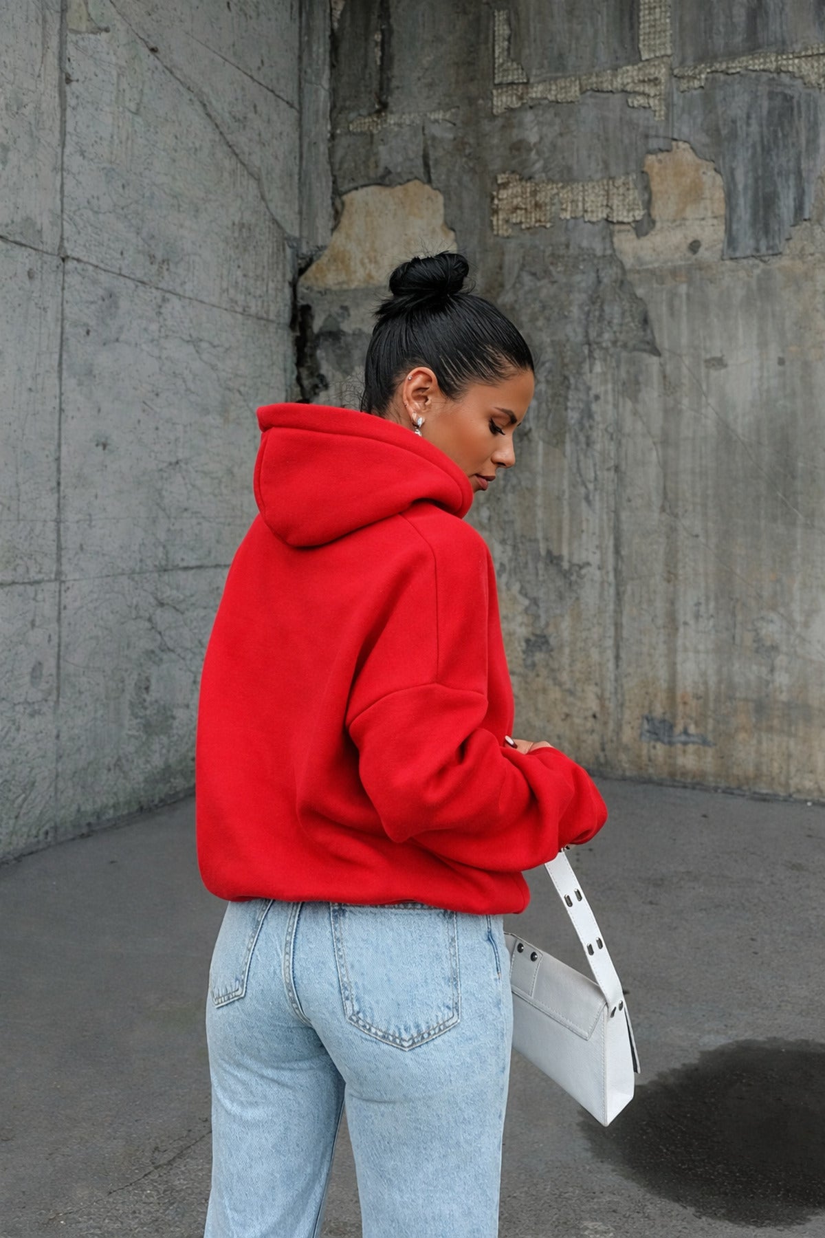 Kadin Kirmizi 3 İ̇pli̇k Oversi̇ze Rahat Günlük Yumuşak Kapüşonlu Sweatshirt - Kırmızı - 2