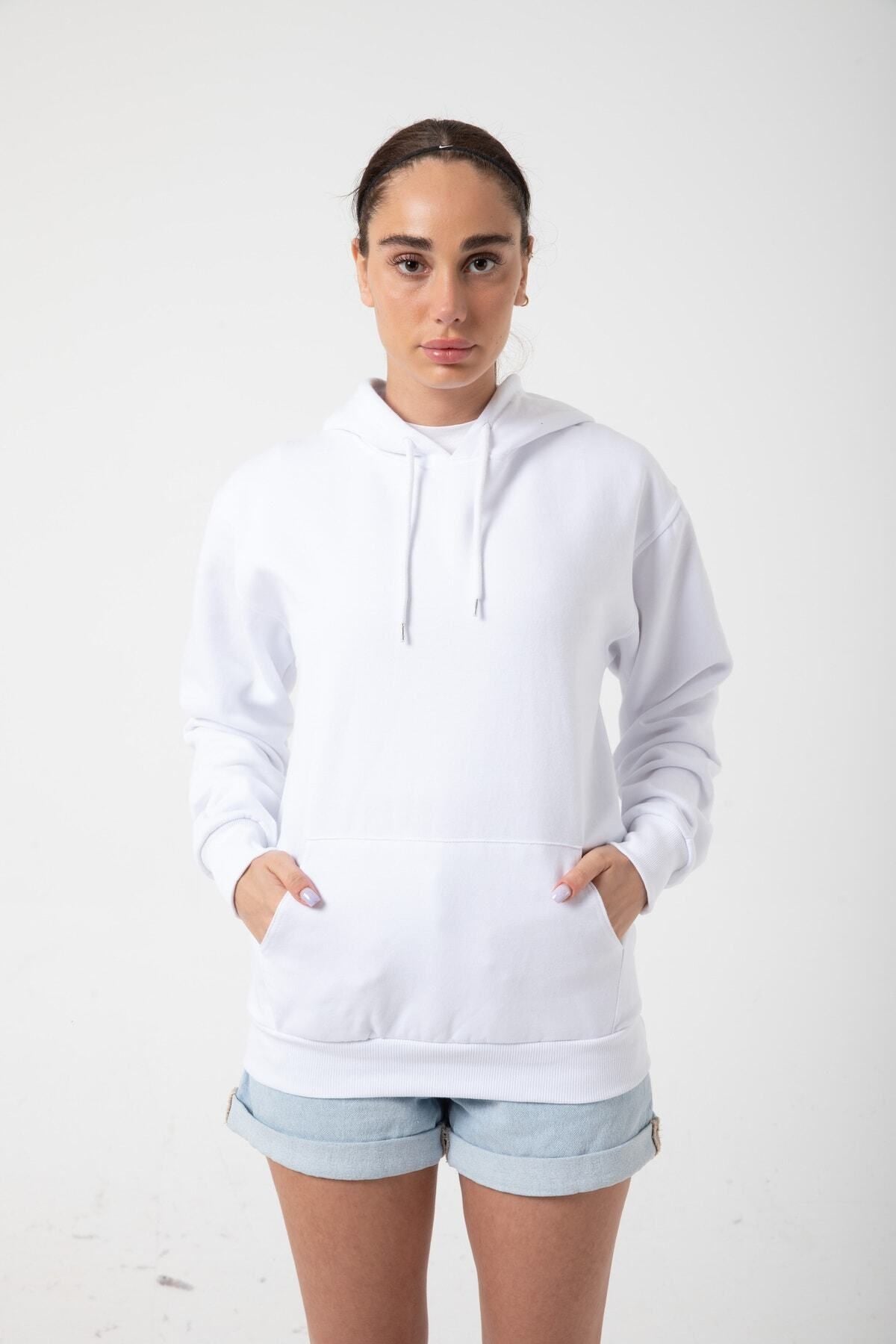 Kadın Beyaz İ̇çi Polar Sweatshirt Kapşonlu Cepli Günlük Stil Oversize White Hoodie - Beyaz - 2