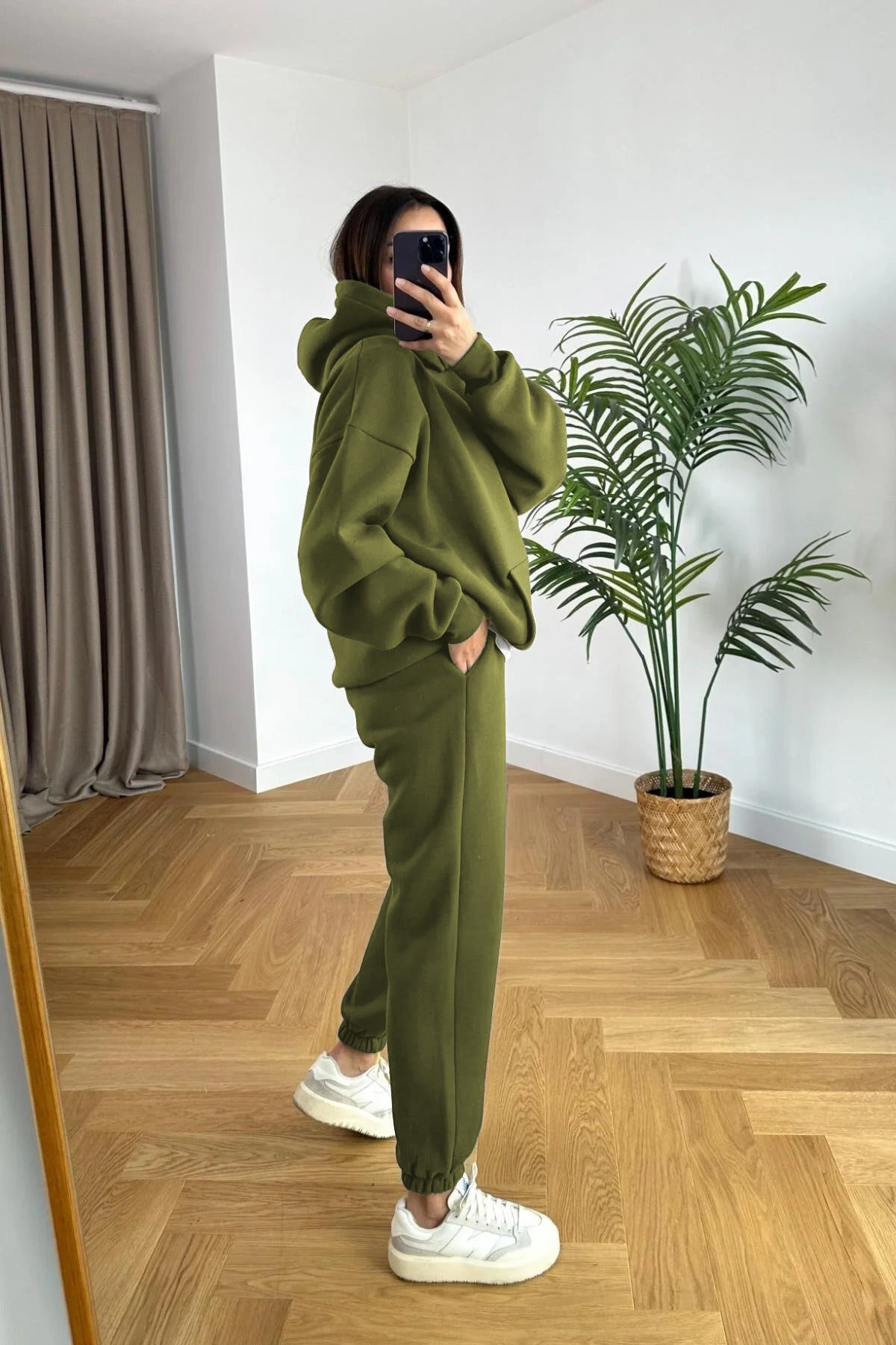 Kadin 3 İ̇pli̇k Oversi̇ze Premi̇um Sweatshi̇rt Eşofman Takimi - Yağ Yeşili - 2