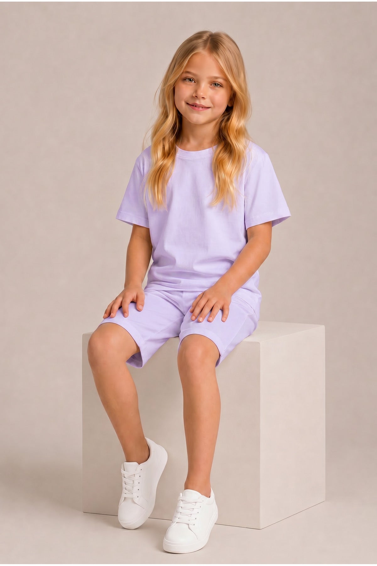 Çocuk Kısa Kollu Baskısız Basic Oversıze Geniş Kalıp Beli Bağlamalı Esnek 1-10 Yaş Arası Yaz Sezonu Sportif T-shirt / Şort Takım - Lila - 2