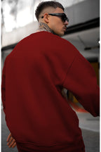 Erkek Oversize 3 İ̇plik Basic Baskısız Düz Eşofman Takımı - Bordo - 3
