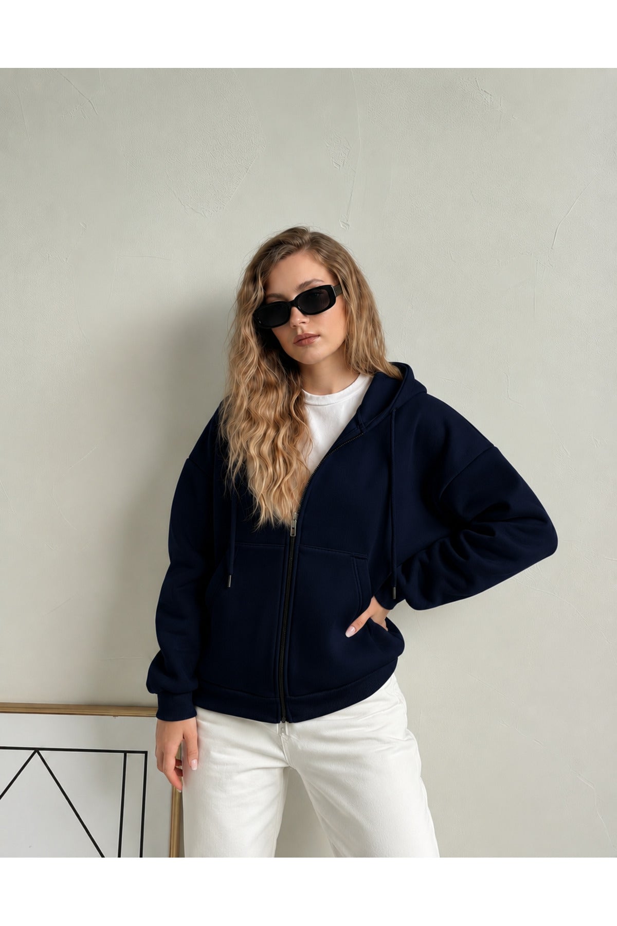 Kadin 3 İ̇pli̇k Kapüşonlu Fermuarli Oversi̇ze Sweatshirt Hirka - Lacivert - 1
