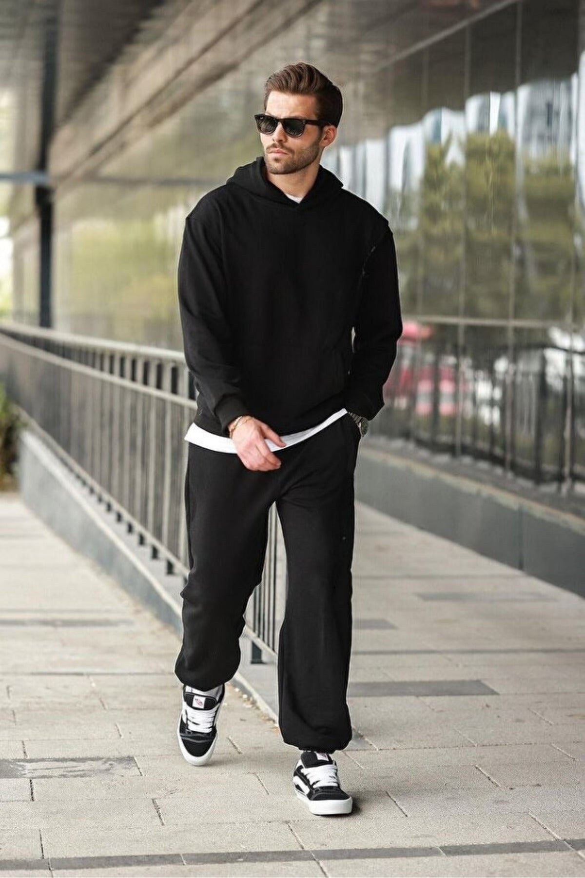 Erkek Hoodie Bol Paça Baggy Salaş Kapşonlu Rahat Kesim Eşofman Takımı - Siyah - 3