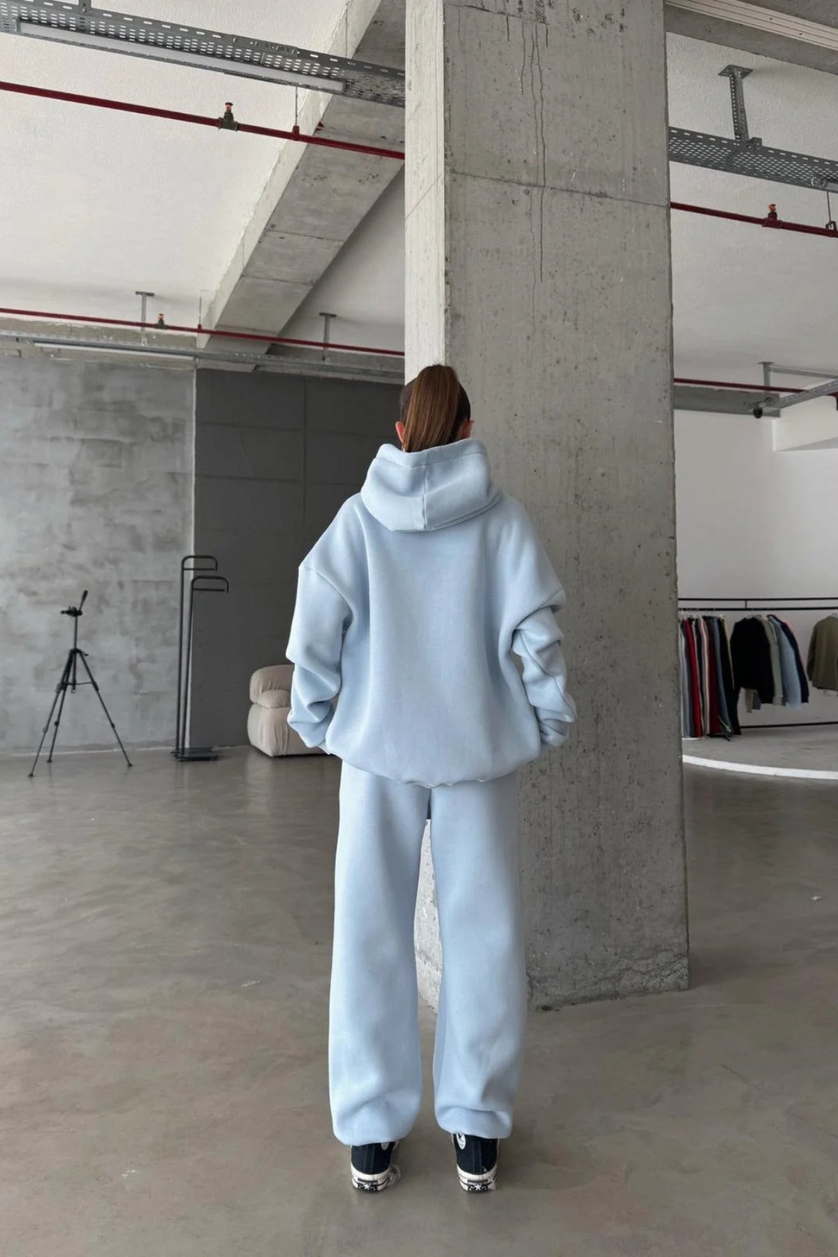 Kadın Paçası Lastikli Jogger Oversize Kışlık Eşofman Takımı - Bebe Mavisi - 3