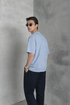 Erkek Siyah Basic Oversize Tişört Rahat Kalıp Düz Minimal Pamuklu Günlük T-shirt - Açık Mavi - 2