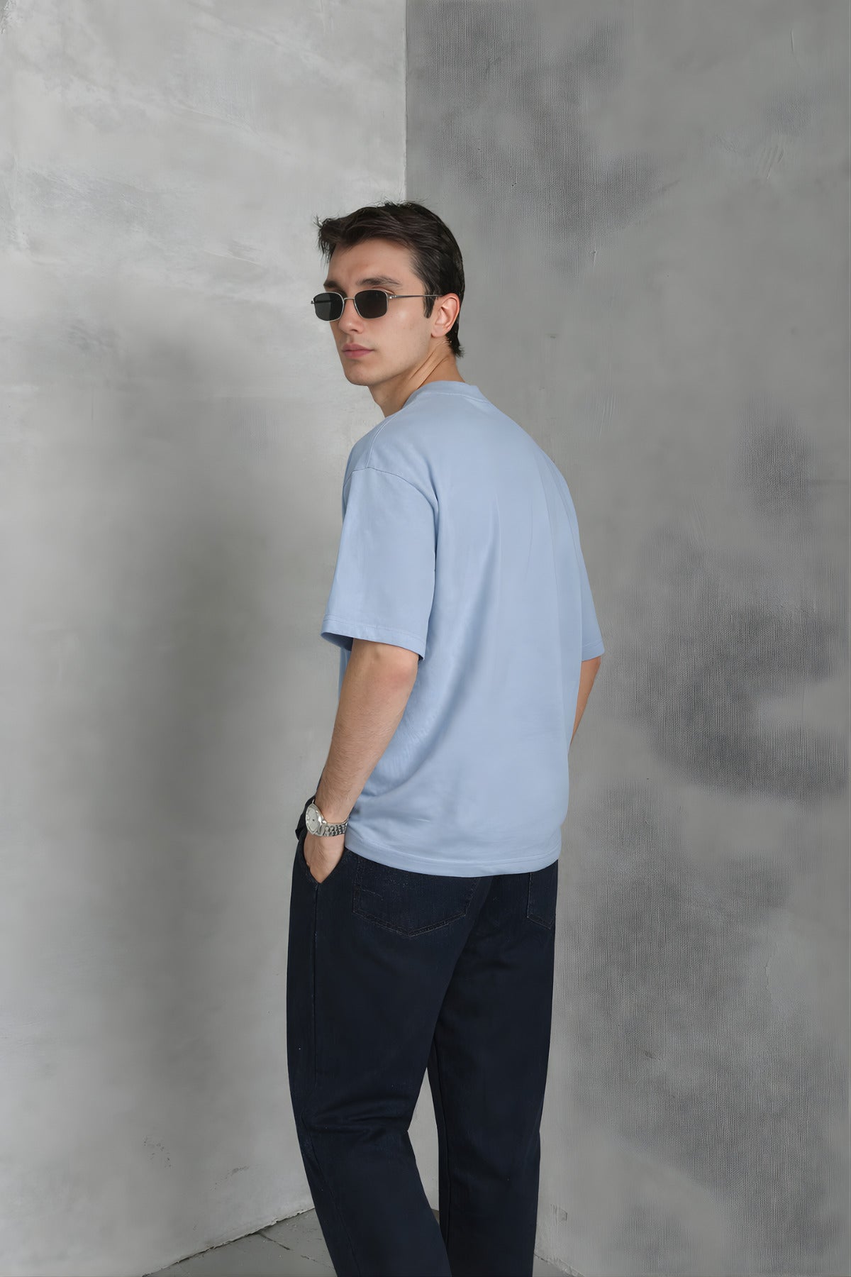 Erkek Siyah Basic Oversize Tişört Rahat Kalıp Düz Minimal Pamuklu Günlük T-shirt - Açık Mavi - 2