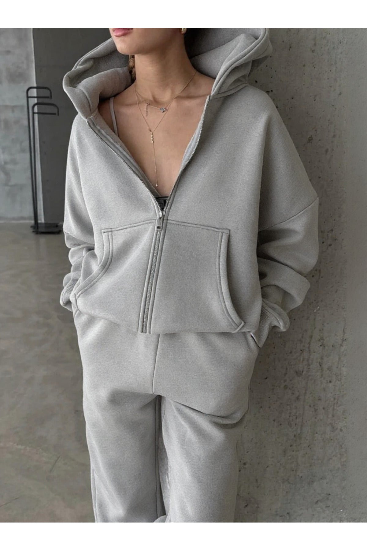 Kadin 3 İ̇pli̇k Oversi̇ze Fermuarli Sweatshi̇rt Hirka - Gri Melanj - 1