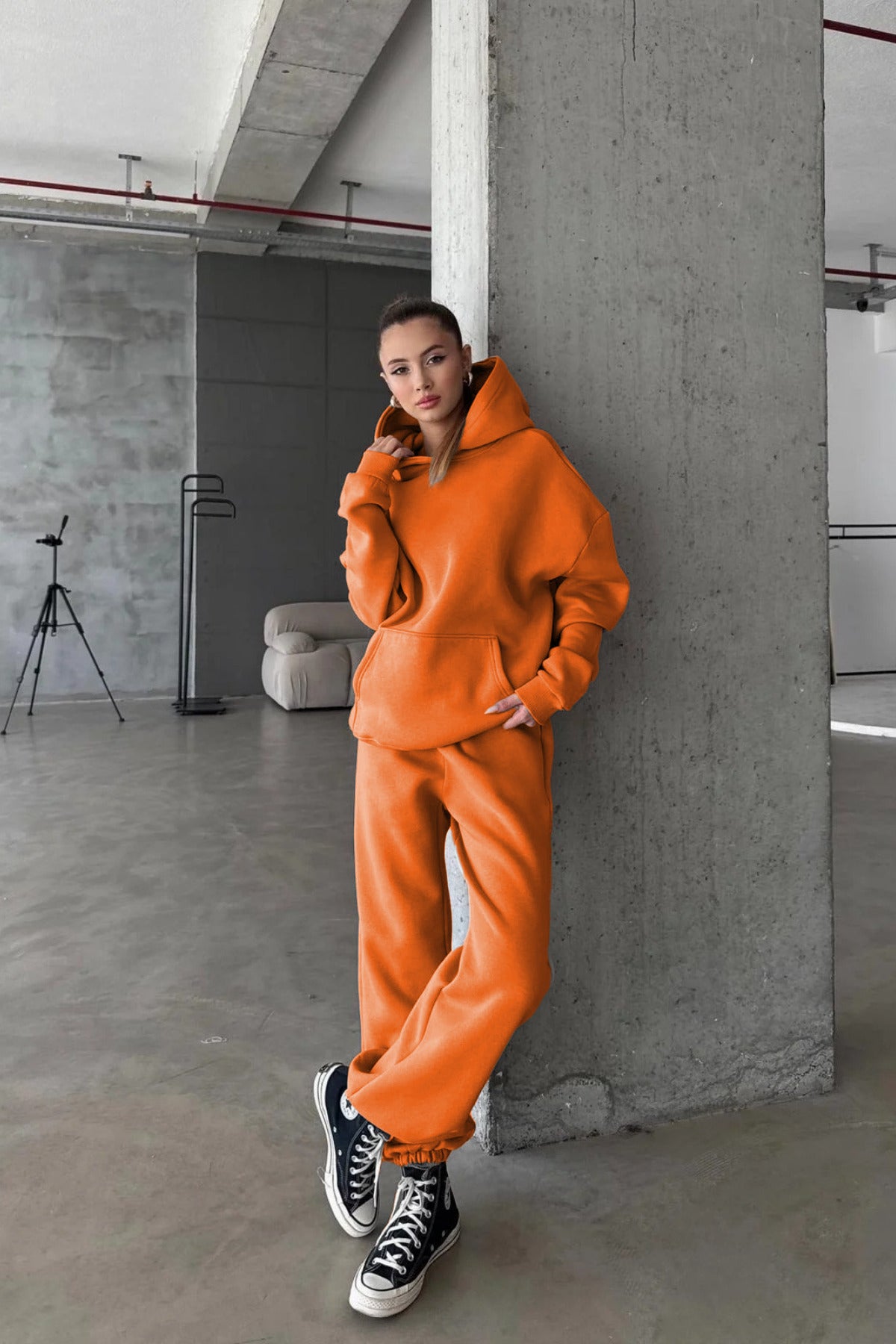 Kadın Paçası Lastikli Jogger Oversize Kışlık Eşofman Takımı - Turuncu - 1