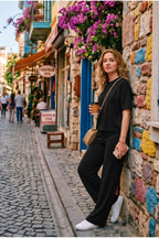 Kadin Yeni̇ Sezon Trend Kisa Kollu Li̇krali Süper Yüksek Bel Bol Paça Basic Beli̇ Bağlamali Yazlik Günlük Kullanima Uygun Alt-üst Takim - Siyah - 2