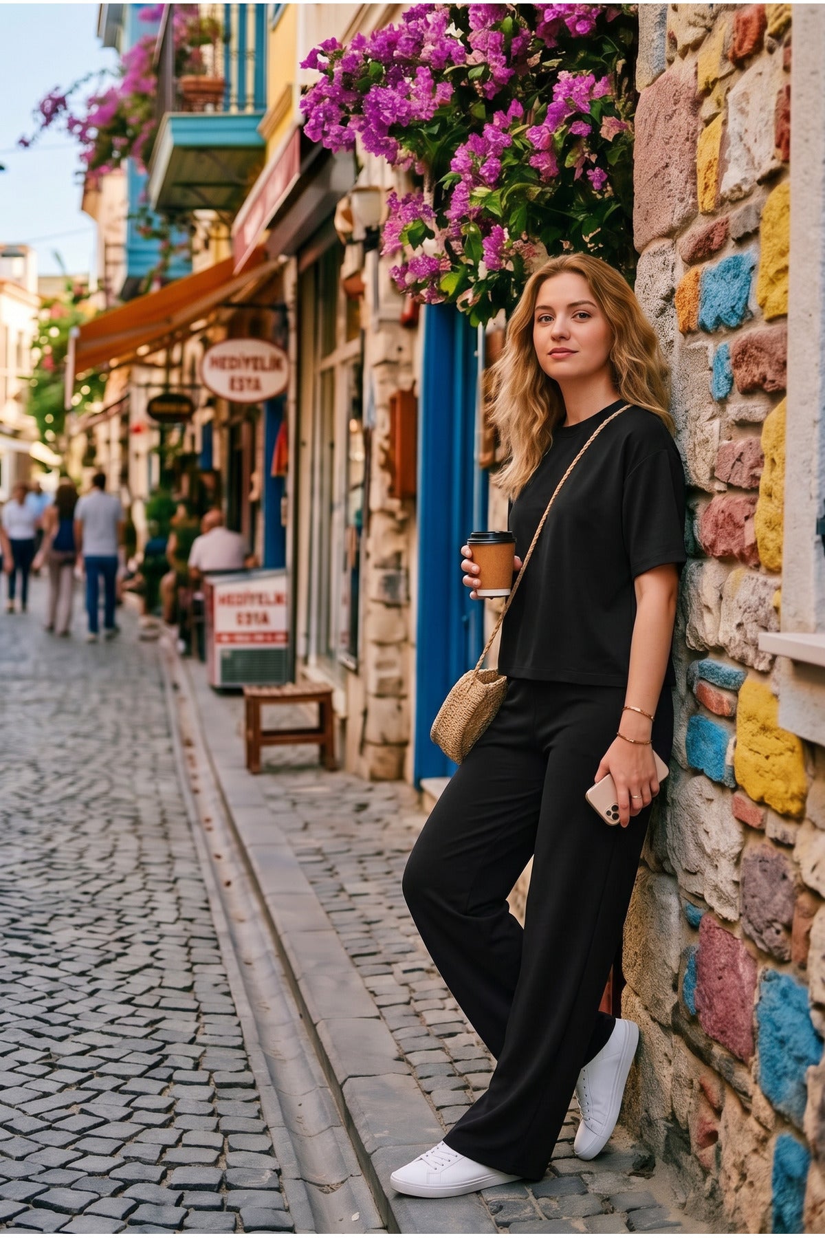 Kadin Yeni̇ Sezon Trend Kisa Kollu Li̇krali Süper Yüksek Bel Bol Paça Basic Beli̇ Bağlamali Yazlik Günlük Kullanima Uygun Alt-üst Takim - Siyah - 2