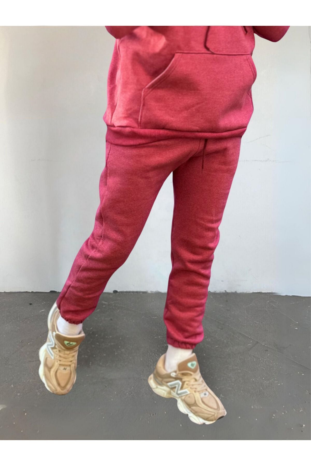 Unisex Kalın 3 İplik Basic Jogger Örme Eşofman Altı - Mürdüm Melanj - 3