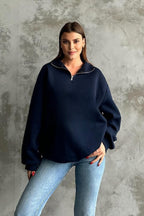 Unisex 3 İ̇plik Oversize Şardonlu Yarım Fermuarlı Swetshirt - Lacivert - 2