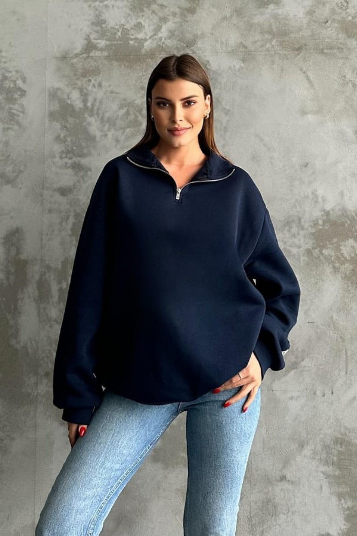 Unisex 3 İ̇plik Oversize Şardonlu Yarım Fermuarlı Swetshirt - Lacivert - 2