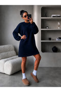 Kadin 3 İ̇pli̇k Yeni̇ Uzun Kollu Bi̇si̇klet Yaka Rahat Sweatshirt Elbi̇se - Lacivert - 1